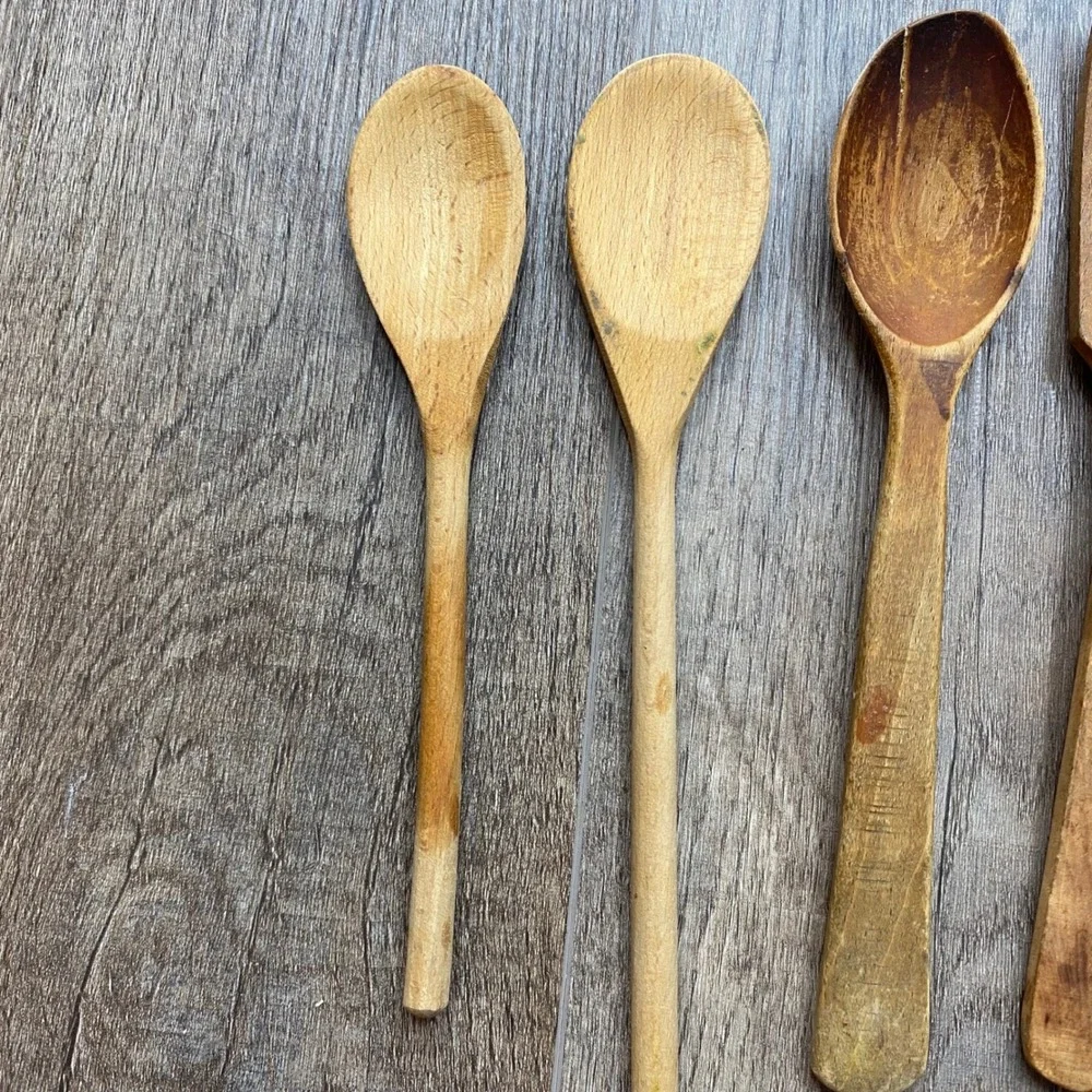 Vintage Wooden Kitchen Utensil‎ Set 6pc Rustic Hand Carved Spoons and Fork Set